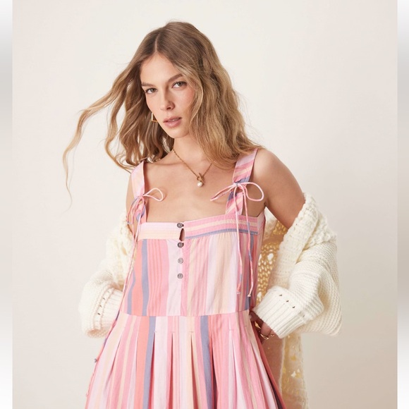 Free People primavera striped drop waist sun dress in pink NWT - Picture 2 of 8